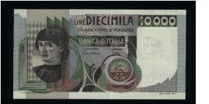 10,000 Lire.

Machiavelli at left on face; Machiavelli's artworks on back.

Pick #106b Banknote