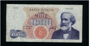 1,000 Lire.

Giuseppe Verdi at right on face; face value at center on back.

Pick #96c Banknote