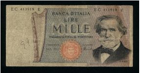 1,000 Lire.

Giuseppe Verdi at right on face; Milan's La Scala opera house at left center on back.

Pick #101c Banknote