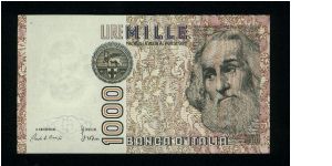 1,000 Lire.

Marco Polo at right on face; facade of Doge Palace in Venice at bottom of vertical format on back.

Pick #109a Banknote