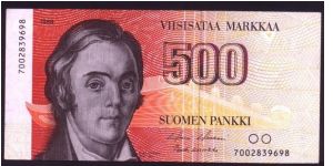 500 Markkaa.

Elias Lonnrot at left on face; Punkaharju on back.

Pick #116a Banknote