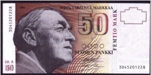 50 Markkaa.

'91 Issue (dated '86); Litt. A

Alvar Aalto at left on face; Finlandia Hall on back.

Pick #118 Banknote