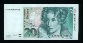 20 Deutsche Mark.

Annette von Droste-Hulshoff (1797-1848) at center right on face; quill pen and beech-tree at left center, open book at lower right in watermark area on back.

Pick #39 Banknote
