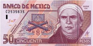 Lilac Red and Violet.  José María Morelos and his flag and emblems / Fisherman and butterflies.  With Blue Iredescent band at the left of the centre of the front side Banknote