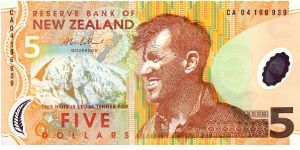 Orange brown and multicolour.  Sir Edmund Hillary, tractor and Mt Cook yellow eyed penguin Hoiho and flora.  Printed on Polymer. Banknote