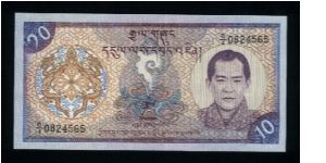 10 Ngultrum.

Portrait King Jigme Singye Wangchuk at right on face; Paro Dzong palace at center on back.

Pick #22 Banknote