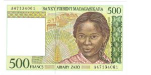 Madagascar 500 Francs Unc Front Design: Girl Banknote