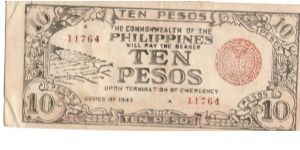 S-409 Rare Leyte 10 Peso note. Banknote