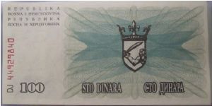 Bosnia Herzgovona 100 Dinara banknote. Banknote
