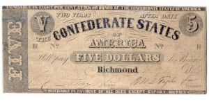 Type 12 Confederate $5 note. Banknote