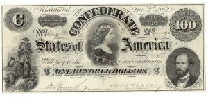 Type 49 Confederate $100 note. Banknote