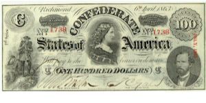 Type 56 Confederate $100 note. Banknote