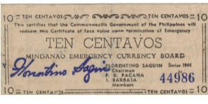 S-512a Mindinao 10 Centavos note. Banknote