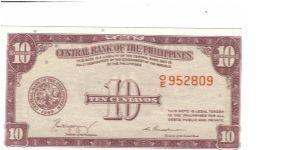 PI-126 Philippines 10 centavos note. Banknote