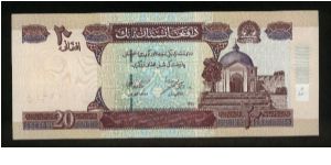 20 Afghanis.

Mosque at right on face; mountain road scene at center on back.

Pick#68 Banknote