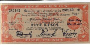 S-316, Iloilo Philippine National Bank 5 Peso MacArthur note. Banknote