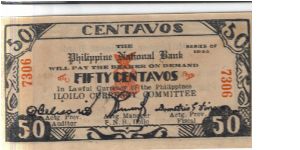 S-338, Iloilo Philippine National Bank 50 centavos note. Banknote
