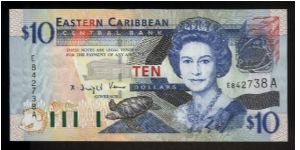 10 Dollars.

East Caribbean States (Antigua).

Queen Elizabeth II at right, turtle at lower center, gree-throated carib at top left on face; Admiralty Bay in St. Vincent and Grenadines at left, sailing ship Warspite and brown pelican at right center on back.

Pick #43a Banknote
