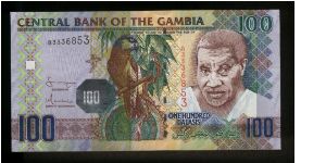 100 Dalasis.

Parrot at center, man at right on face; Arch 22 monument in Banjul on back.

Pick #New Banknote