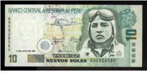 10 Nuevos Soles.

World War II era fighter plane as monument at upper center, José Abelardo Quinones at right on face; biplane inverted (signifying pilot's death) at left center on back.

Pick #166 Banknote