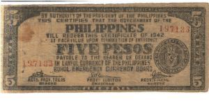 S143a Rare Bohol 5 Peso note, Illegal Issue. Banknote