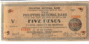 S626 Negros Occidental 5 Pesos note. Black on orange underprint, white bond paper. Banknote