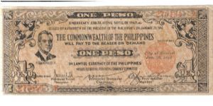 S646b Negros Occidental 1 Peso note. Black on orange underprint, back red, bond paper. Pesos on back facing out. Banknote