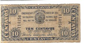 S302 Iloilo 10 centavos note, blue print on white paper. Banknote