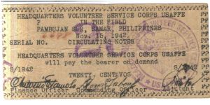 SMR633 Pambujan Sur, Samar Headquarters Volunteer Service Corps USAFFE in the field 20 centavos note. Banknote