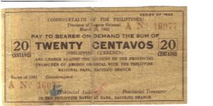 S653 Negros Oriental 20 centavos note. Dark brown print, manila paper, green print on back. Banknote