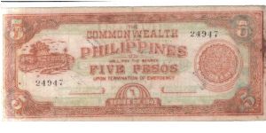 S408a Leyte 5 pesos note, thin paper, offset of back on front. Banknote
