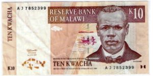 Malawi 10 Kwacha Front Design: John Chilembwe, Bank logo, Fishermen in Boat Banknote