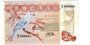 Suriname 2 1/2 Gulden 
Front Design: Blue Gray Tanager (Bird) Banknote