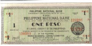 S624a Negros Occidental 1 Peso note (Red peso bottom left 7mm). Banknote