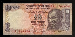 10 Rupees.

M. K. Gandhi at right, Reserve Bank seal at lower right on face; ornamented rhinoceros and elephant heads behind tiger at left center on back.

Pick #89b Banknote