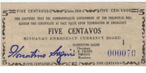 S-511, Mindanao 5 centavos note. Banknote