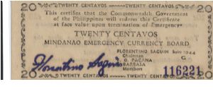 S-513a, Mindanao 20 centavos note. Banknote