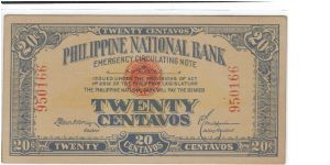 PI-40 Philippine National Bank 20 centavos note. This note is counterfeit. Banknote