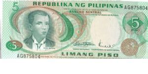 PI-141 Andres Bonifacio green face 5 Peso note. Banknote