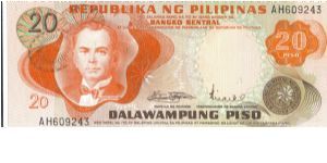 PI-144 Manuell Quezon 20 Peso note, orange face without overprint. Banknote