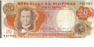 PI-143 Manuell Quezon 20 Peso note with brown face and underprint color change. Banknote
