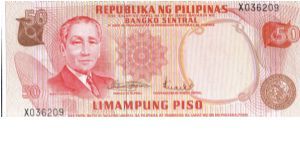 PI-145 Sergio Osmena 50 Peso note without overprint. Banknote