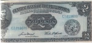 PI-134, Jose Rizal 2 Peso note error, missing the underprint (yellow) color and wavy lines. Banknote