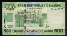 500 Francs.

Banque Nationale du Rwanda building at center on face; harvesting scene at center on back.

Pick #30 Banknote