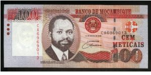 100 Meticais.

President Samora Moises Machel cameo at center left on face; giraffes at center on back.

Pick #NEW Banknote
