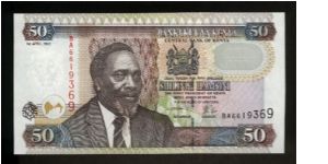 50 Shillings.

Mzee Jomo Kenyatta at left on face; dromedary caravan at center on back.

Pick #41 Banknote