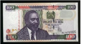 100 Shillings.

Mzee Jomo Kenyatta at left on face; Kenyatta statue, modern buildings and mountains on back.

Pick #42 Banknote