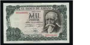 1,000 Pesetas.

Commemorative Issue; Centennial of the Banco de Espana's becoming the sole issuing bank, 1874-1974.

José Echegaray at right on face; Bank of Spain in Madrid and commemorative legend on back.

Pick #154 Banknote