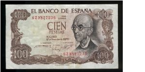 100 Pesetas.

Manuel de Falla at right on face; the summer residence of the Moorish kings in Granada at left cneter on back.

Pick #152 Banknote