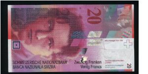 20 Franken.

Format: 137x74 mm

Composer Arthur Honnegger on face; trumpet valves at top, steam locomotive wheel at center, musical score and piano keys at bottom on back.

Pick #67 Banknote